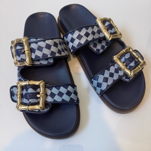 SCHUTZ Enola Sporty Blue Leather Bamboo Gold Buckle Sandal Slide 8.5 - Picture 4 of 11